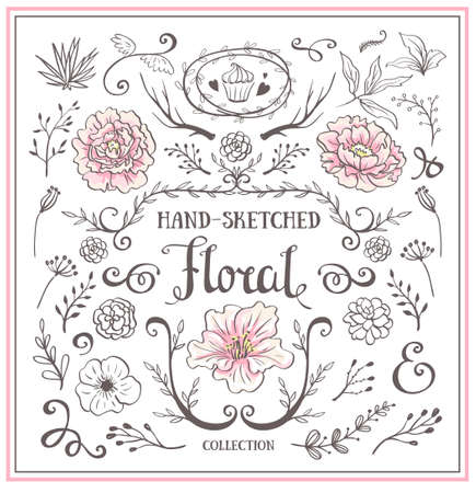 Hand Drawn vintage floral elements. Set of flowers and decorative elements.のイラスト素材