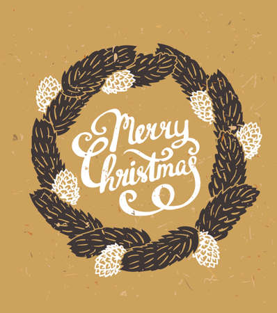 Traditional green Christmas decoration. Fir-tree wreath with cones and stylish calligraphy "Merry Christmas" on the cardboard.のイラスト素材