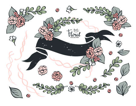 Retro black hand drawn ribbon with peonies, roses, berries and leaves. Vector design elements.のイラスト素材
