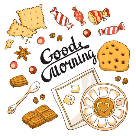 Good morning card. Breakfast menu design. Vector set with cup, chocolate, cake, cookies and sweets.のイラスト素材