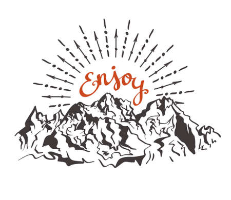 Vector vintage card with mountains, sunburst and inspirational phrase "Enjoy". Stylish hipster background. Motivational quote.のイラスト素材