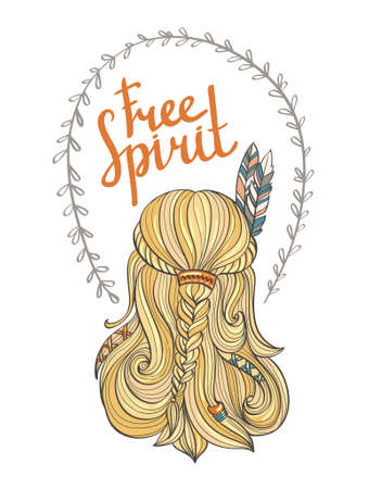 Poster with the indian girl and stylish boho lettering "free spirit". Vector illustration.のイラスト素材