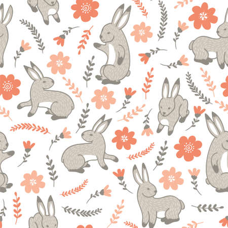 Vector seamless pattern with rabbits and flowers.のイラスト素材