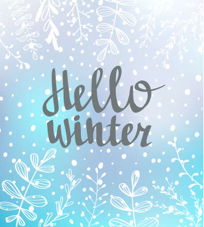 Hand drawn typography card. Hello winter hand-lettering on blue background with snow. Vector illustration.のイラスト素材