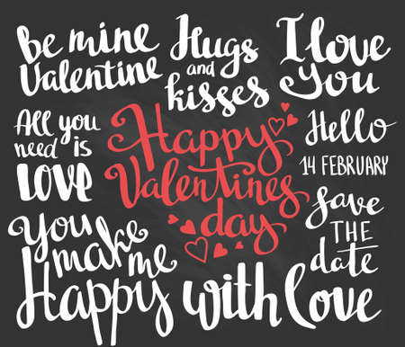 Valentine's Day. Set of Valentine's stylish trendy calligraphic headlines. Vector hand drawn illustration on the chalkboard.のイラスト素材