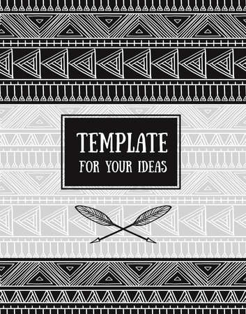 Vector card with crossed ethnic arrows and frame on the tribal ornamental background. Boho and hippie style. American indian motifs.のイラスト素材