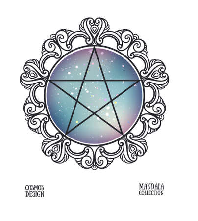 Vector pentagram with space background and mandala frame. Sacral vector illustration.のイラスト素材