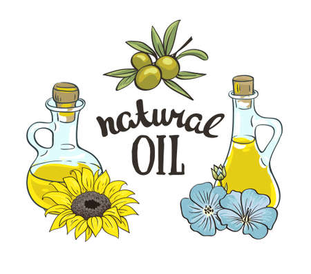 Set of bottles with sunflower, linseed and olive oil. Vector isolated objects.のイラスト素材