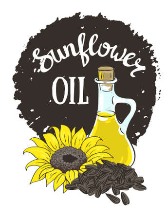 Vector hand drawn yellow sunflower, sunflower seeds and glass jug with oil.のイラスト素材
