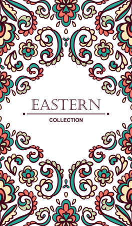 Vintage ornate card with Eastern floral elements. Filigree vector border with place for your text. Ornamental frame for greeting card, wedding invitation.のイラスト素材