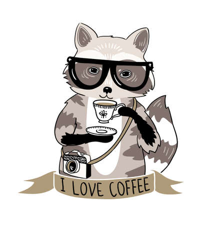 Hipster raccoon vector illustration. Raccoon with coffee and glasses. Hipster animals.のイラスト素材