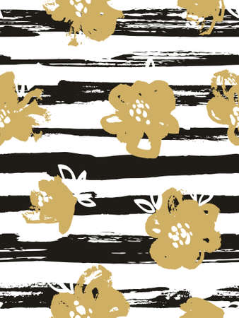 Seamless pattern with gold flowers on the striped background. Vector Floral background.のイラスト素材