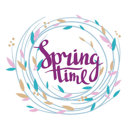 Stylish lettering "Spring time" in the wreath. Vector illustration.のイラスト素材