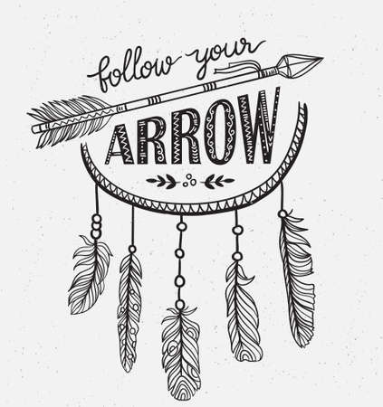 Boho template with inspirational quote lettering - Follow your arrow. Vector ethnic print design with dreamcatcher.のイラスト素材