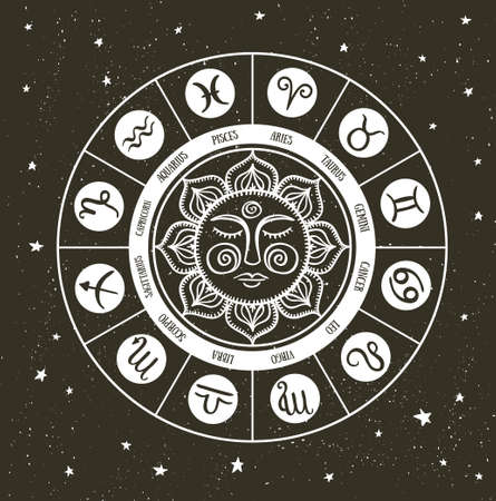 Zodiac circle with horoscope signs. Hand drawn Vector illustration.のイラスト素材