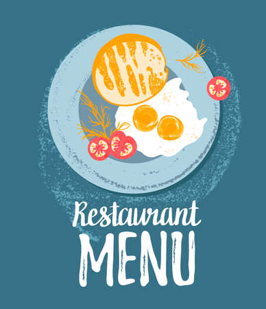 Vector cute  breakfast: eggs, toast bread, tomatoes and dill on a plate.  Vector colorful grunge hipster illustration isolated on white. Stylish background with food for restaurant menu.のイラスト素材