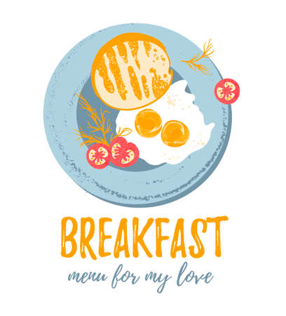 Vector cute  breakfast: eggs, toast bread, tomatoes and dill on a plate.  Vector colorful grunge hipster illustration isolated on white. Stylish background with food for restaurant menu.のイラスト素材