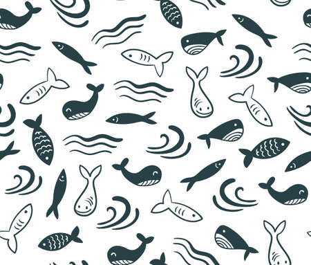 Seamless vector pattern with little cute fish cartoon. Surface design for fabric, wallpaper and wrapping paper.のイラスト素材