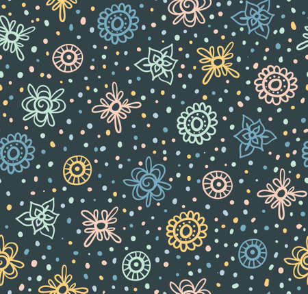 Vector seamless cute beautiful minimalistic graphical flower pattern. Indian paisley motifs, gentle romantic background, floral print, regular, geometric, dots.のイラスト素材