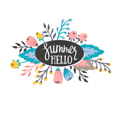 Summer season card or poster. Vector title Summer hello. Cartoon flowers and lettering quote isolated on the white background. Modern bright style.Greeting typographic decor.Written Summer phrasesのイラスト素材