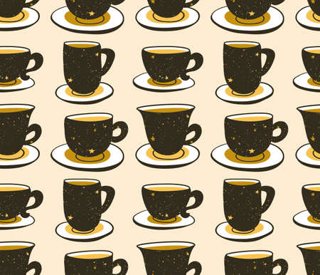 Stylish illustration with cups of coffee. Vector seamless pattern. Hipster design. Vector background with space elements.のイラスト素材