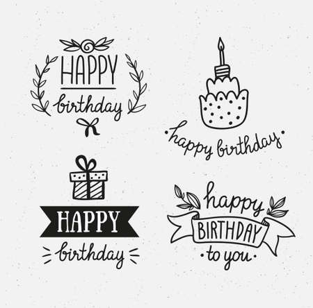Set of happy birthday icons. Monochrome version. Vector hand drawn objects.のイラスト素材