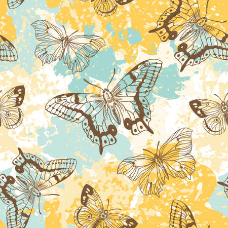 Vector seamless pattern with butterflies on splashes background. Hand painted  illustration.のイラスト素材