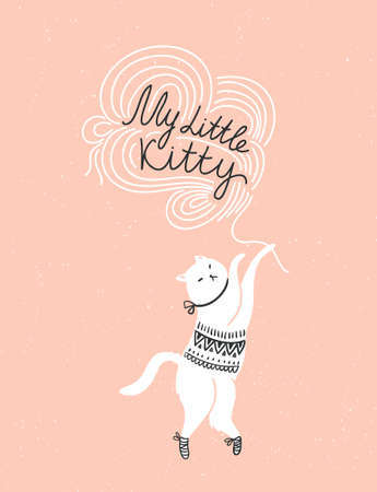Vector card with cute white cat and stylish lettering 'my little kitty' on the grunge background.のイラスト素材
