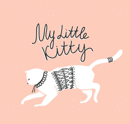 Vector card with cute white cat and stylish lettering 'my little kitty' on the grunge background.のイラスト素材