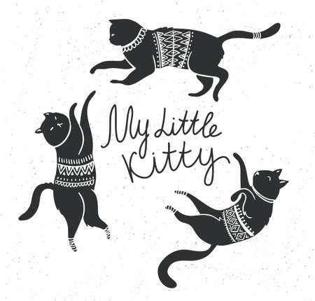 Vector card with cute white cats and stylish lettering 'my little kitty' on the grunge background.のイラスト素材