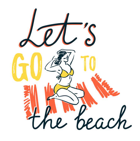 Girl sunbathing on a beach mat on the sea and comb the hair. Vector illustration with stylish lettering - 'Let's go to the beach'.のイラスト素材