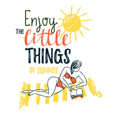 Girl sunbathing on a beach mat on the sea and reading a book - Summer vacation concept. Vector illustration with stylish lettering - 'Enjoy the little things of summer'.のイラスト素材
