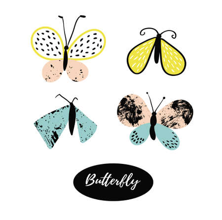 Hand drawn butterfly logo design collection. Vector elements isolated on the white background.のイラスト素材