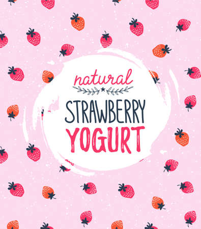 Strawberry vector illustration. Yogurt logo on the strawberry background with milk splashes.のイラスト素材