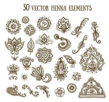 Vector set with abstract floral elements in indian style. Henna collection.のイラスト素材