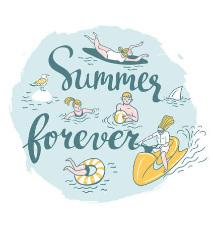 People Actively Relax, Swim in the Sea. Summer Sea Vacation Illustration. Vector poster with stylish phrase - 'summer forever'のイラスト素材