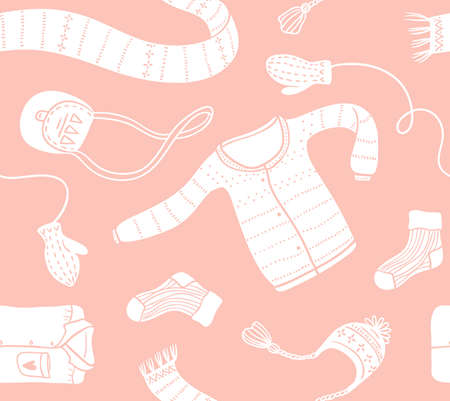 Cute vector collection of handmade clothes isolated on the pinkのイラスト素材