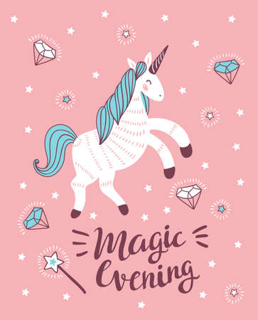 Vector poster with unicorn, magic wand and crystal on the pink background. Fantasy childish card design. Magical background with stylish phrase - 'Magic evening'.のイラスト素材