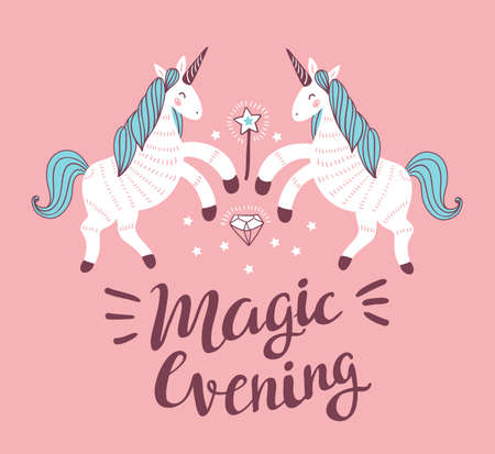 Vector poster with unicorns on the pink background. Fantasy childish card design. Magical background with stylish phrase - 'Magic evening'.のイラスト素材