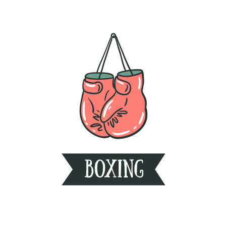 Boxing gloves on a nail vector illustration with ribbon - 'Boxing'. Isolated on the white background. Sport card.のイラスト素材
