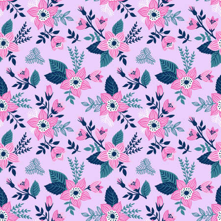 Vector seamless pattern with flowers and butterflies of doodles. Floral background in hand drawn childish style.のイラスト素材