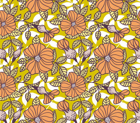 Vector seamless background with  wild roses, vintage style. Hand drawn fabric design. Stylish bright floral seamless pattern.のイラスト素材