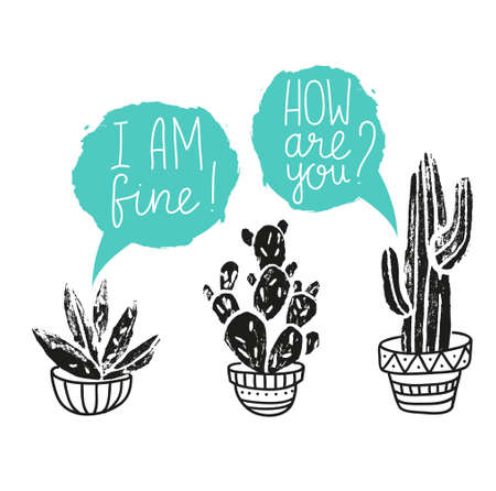 Vector Cactus hand-drawn poster. Grunge silhouette print linocuts. Cacti with dialogues.  Floral design with potted cacti and succulents.のイラスト素材