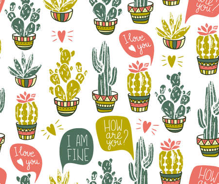 Vector cactus hand-drawn seamless pattern. Grunge silhouette print linocuts with dialogues. Fabric design with potted cacti and succulents.のイラスト素材