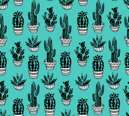 Vector Cactus hand-drawn seamless pattern. Grunge silhouette print linocuts. Fabric design with potted cacti and succulents.のイラスト素材