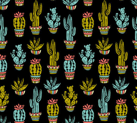 Vector Cactus hand-drawn seamless pattern. Grunge silhouette print linocuts. Fabric design with potted cacti and succulents.のイラスト素材