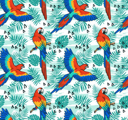 Ara parrot vector seamless pattern. Tropical fabric design with leaves and birds. のイラスト素材