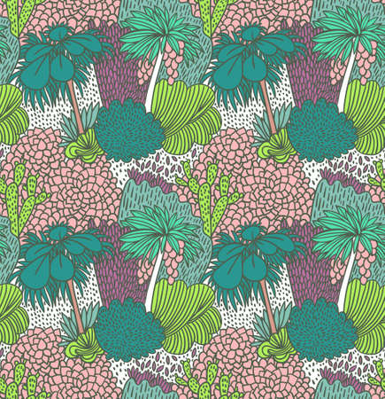 Vector seamless pattern with palm trees. Bright hand drawn fabric design.のイラスト素材