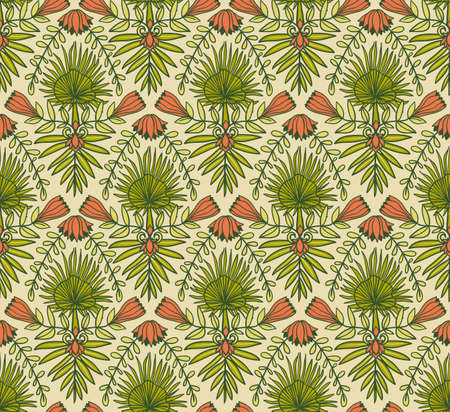 Vector seamless pattern with tropical flowers and palm leaves. Tropical ornamental background for bright fabric design.のイラスト素材