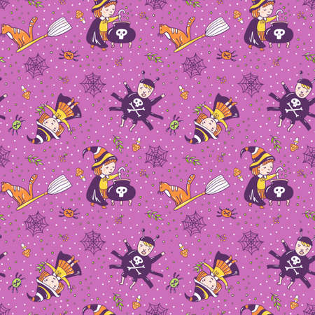 Violet background with the witch, a spider and a potion from magic herbs. Festive seamless texture. Vector seamless pattern for halloween design.のイラスト素材